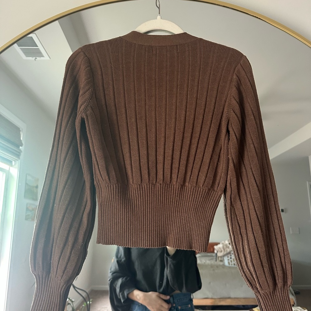 Brown Ribbed V-Neck Sweater - Picture 6 of 6